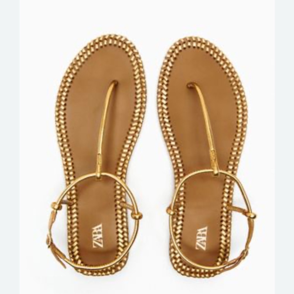 Zara Gold T-Strap Sandals